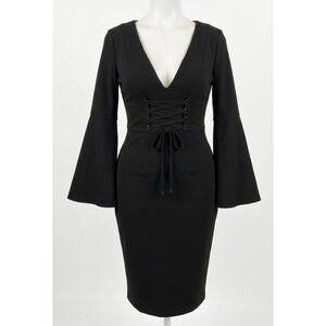 Lumièr By Bariano Dress Womens XS Black Corset Pencil Midi Bell Sleeve Vamp
